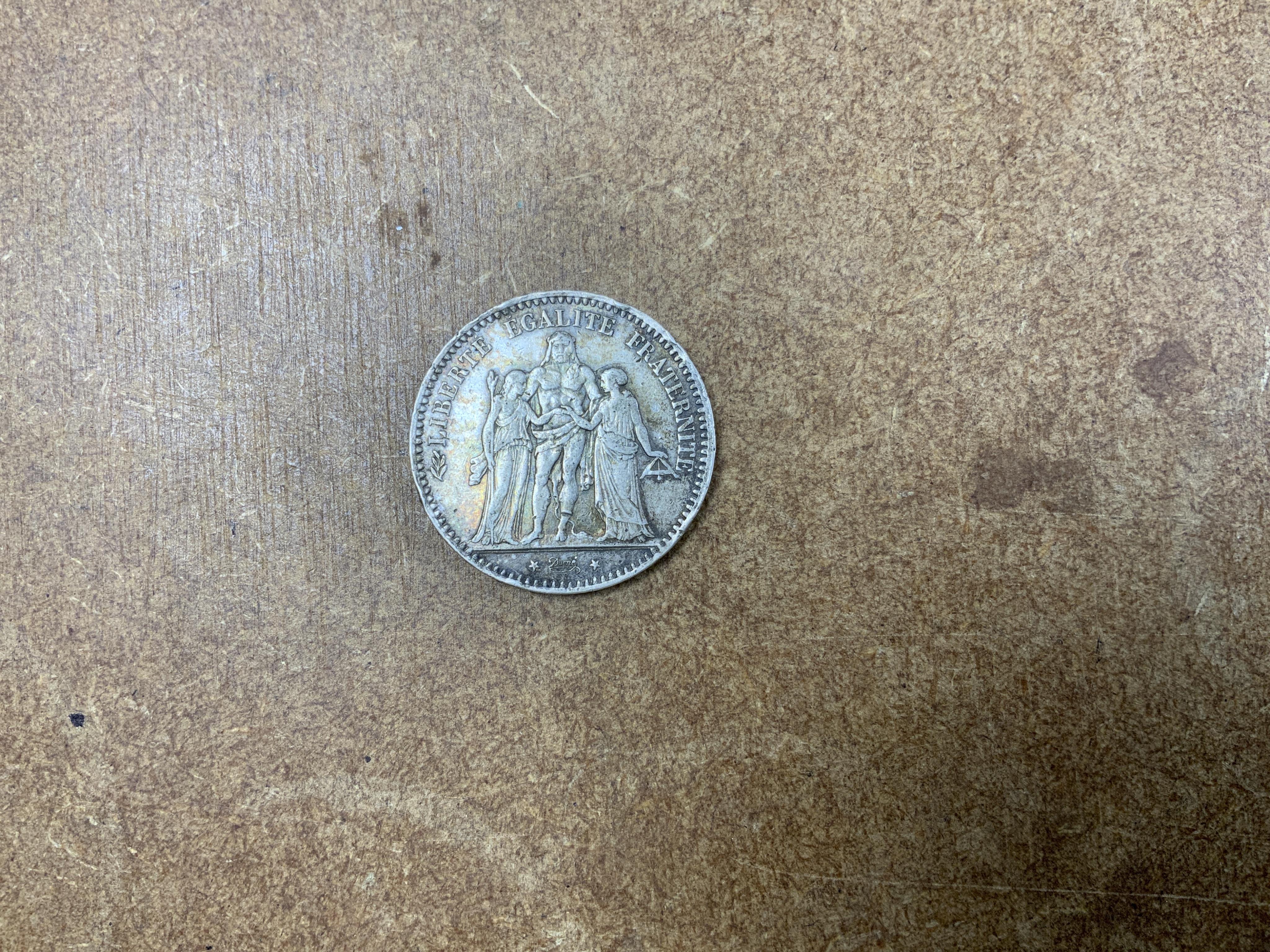 British coins, Victoria to Elizabeth II, comprising halfcrowns, shillings, florins, sixpences, silver and brass threepences, together with a Republic of France five francs , 1876